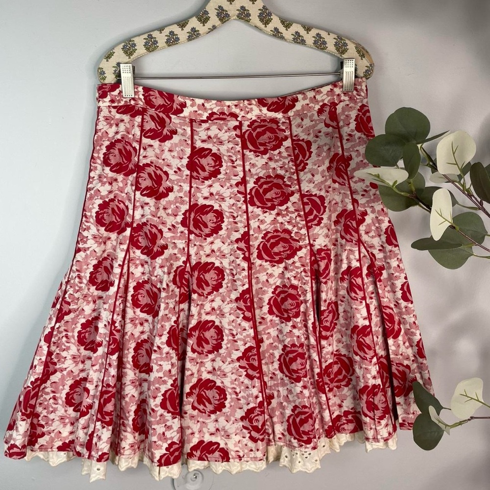 Vintage Anthropologie Red Rose Pleated Skirt